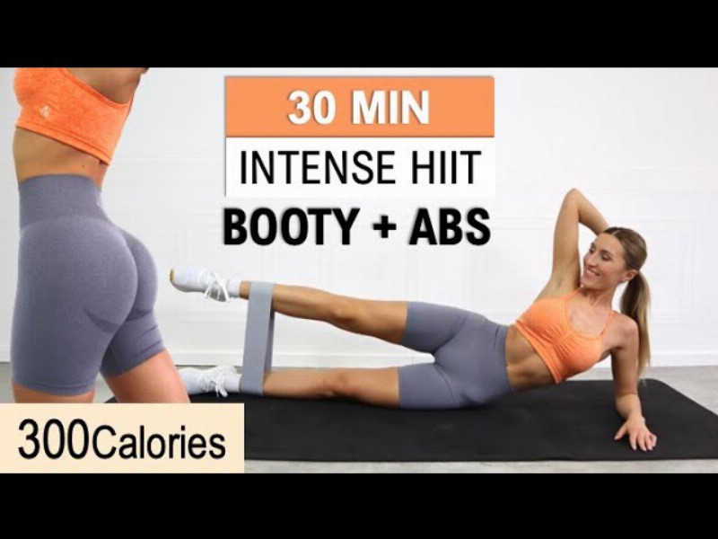 30 Min Abs + Booty Hiit Workout : Resistance Band Burn 300 Calories No Repeat Warm Up + Cool Down